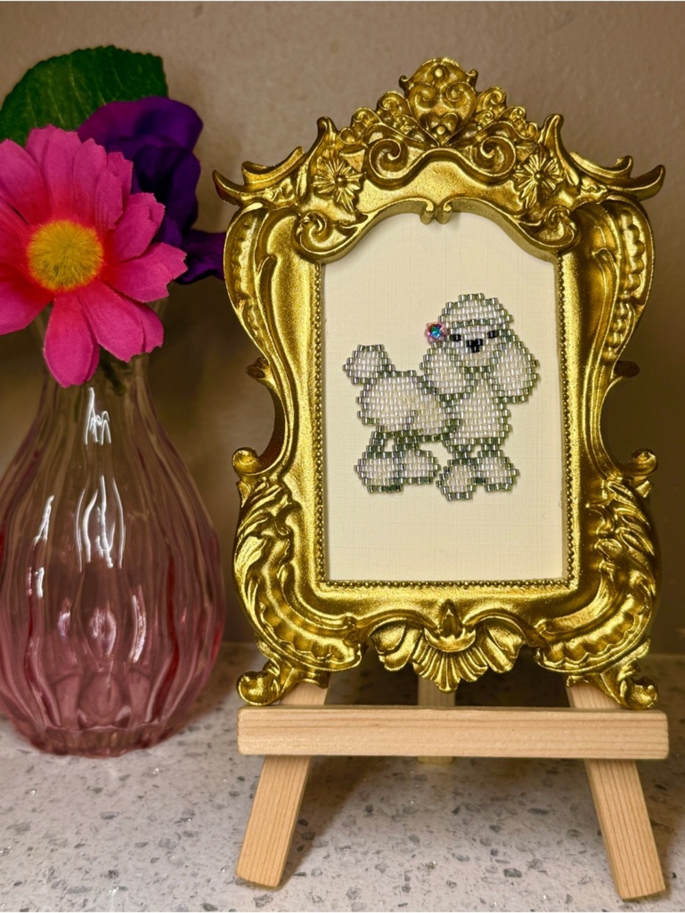 Hand-Beaded Poodle Portrait – Miniature Dog Art with Crystal, Ornate Gold Frame - Picture 4 of 5